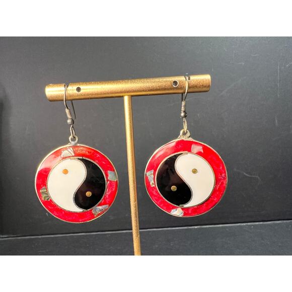 Vintage ALPACA MEXICO Silver MOP Abalone Yin Yang Drop Earrings - Picture 12 of 14